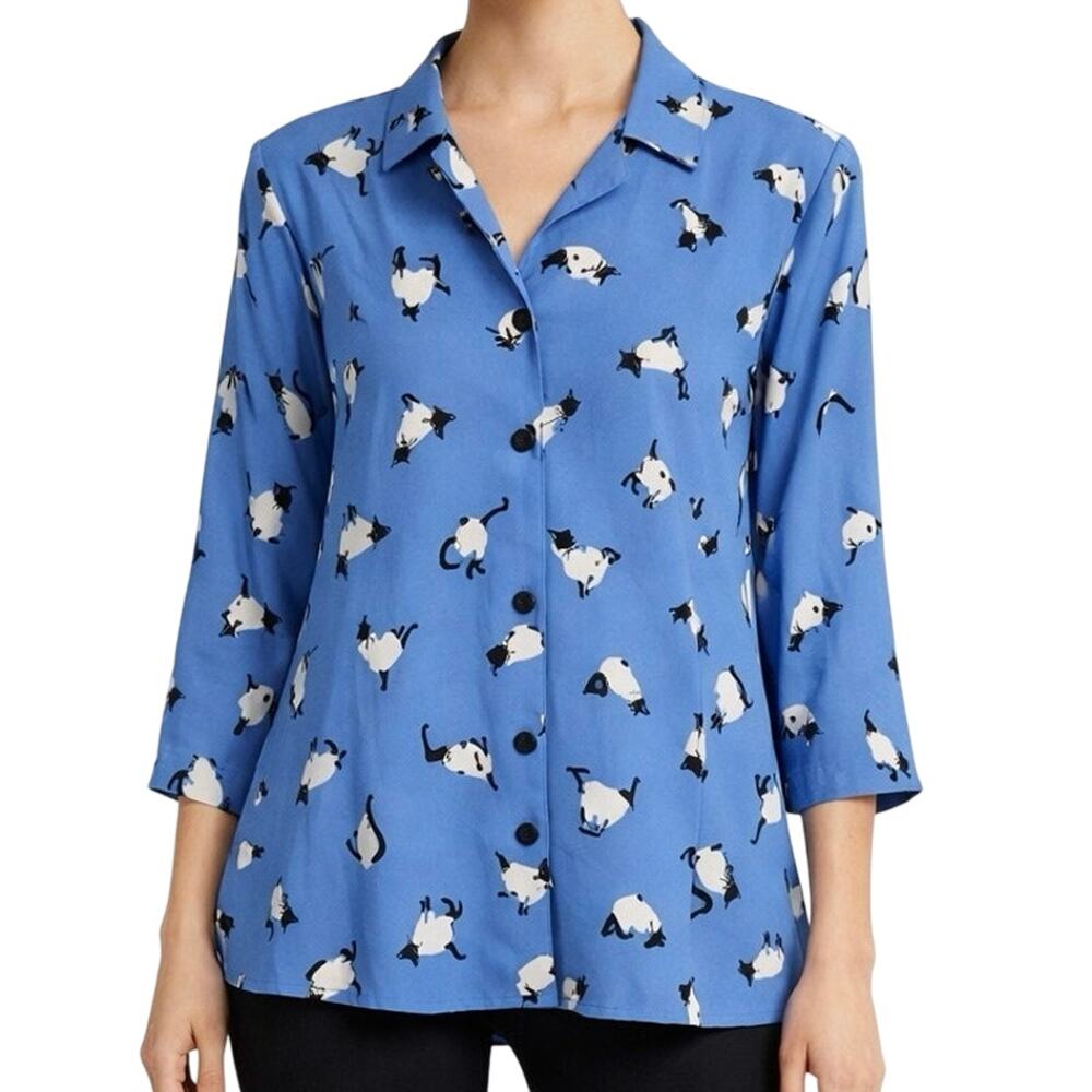 Serengeti Womens Sz Medium Blue Siamese Cat Blouse Shirt Top Cat Lover Pets
